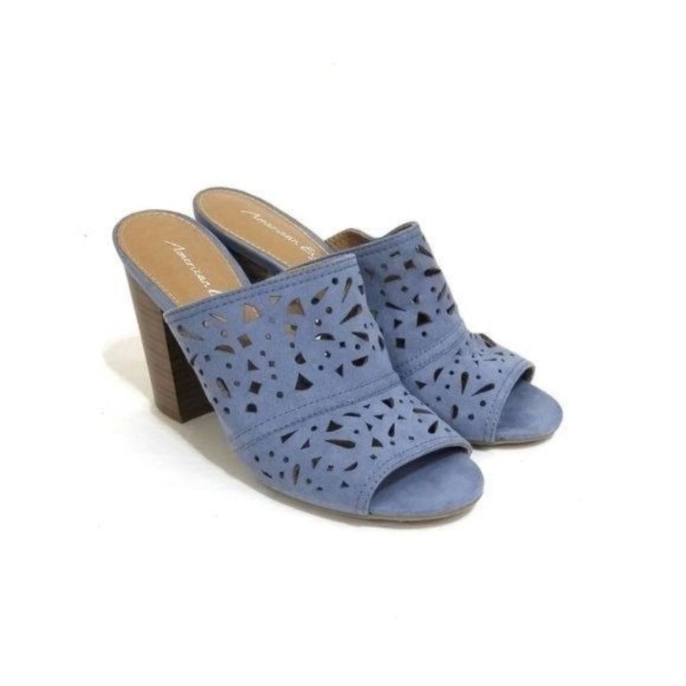 American Eagle Smokey Blue Suede Perforated Lattice Slip On Mules Sandals Womens
